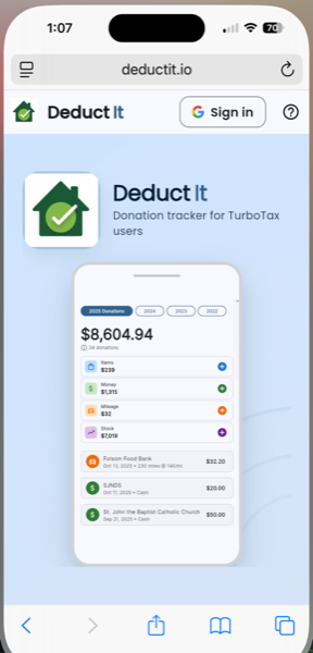 DeductIt app screenshot showing donation tracking