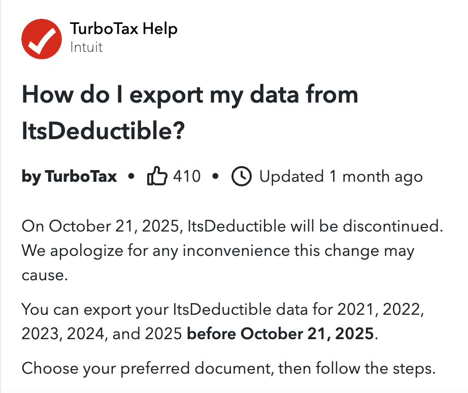 ItsDeductible discontinuation notice from TurboTax