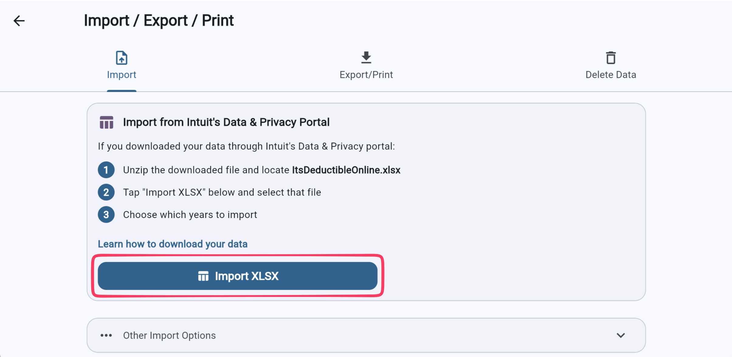 DeductIt's import screen showing the Intuit Data Portal XLSX option with Import XLSX button highlighted