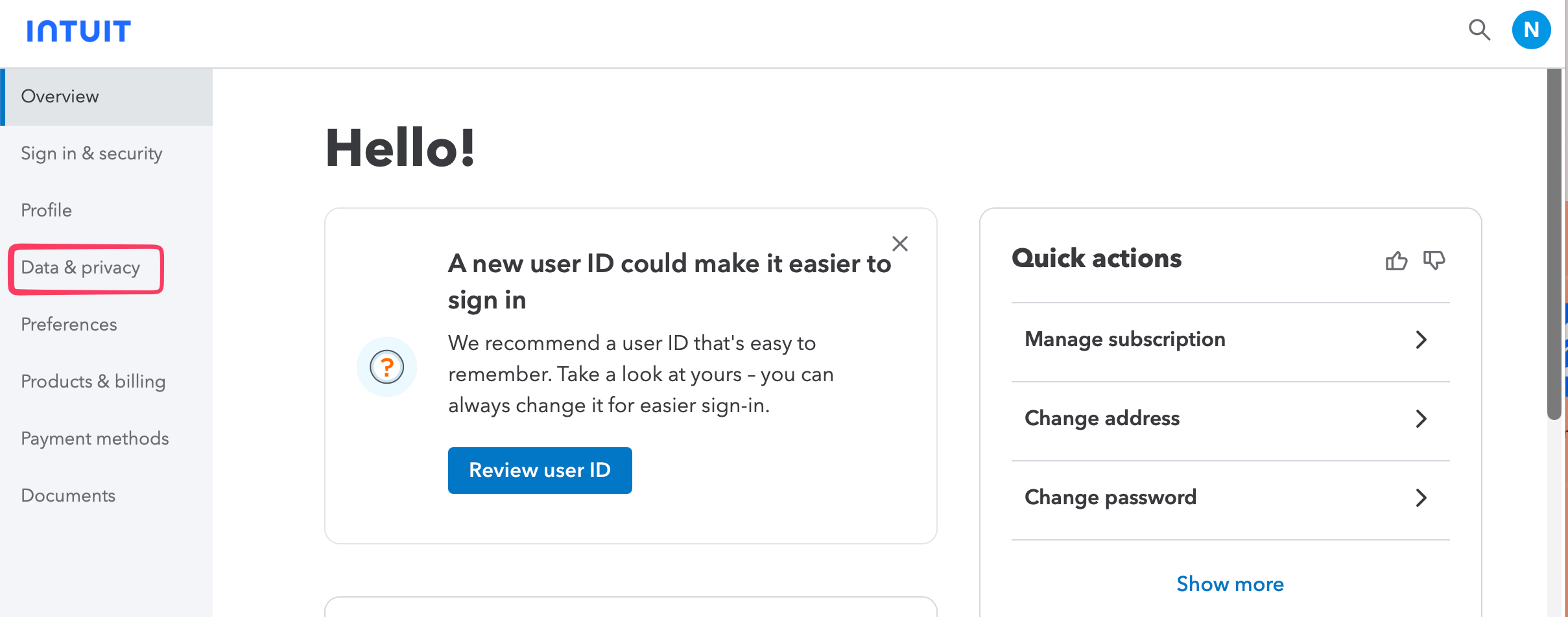 Intuit account portal with 'Data & privacy' highlighted in the left navigation menu