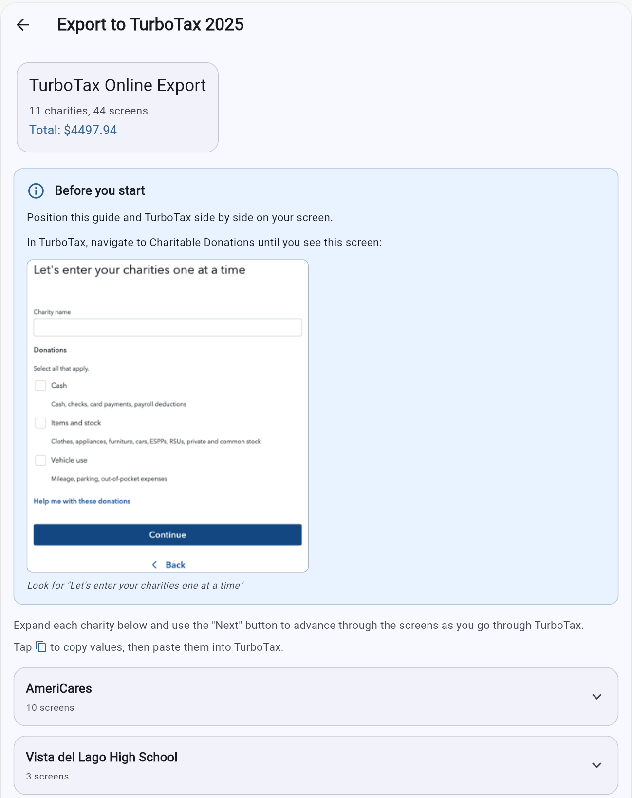 DeductIt's step-by-step TurboTax guide showing donation details ready to copy