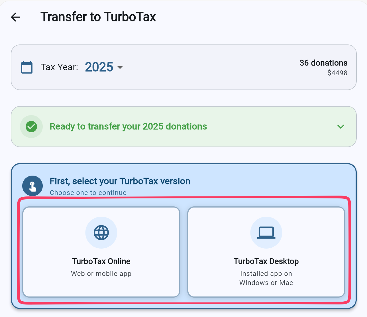 DeductIt's TurboTax version selector showing Online vs Desktop options