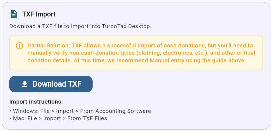 DeductIt's TXF download section showing what gets imported and post-import instructions